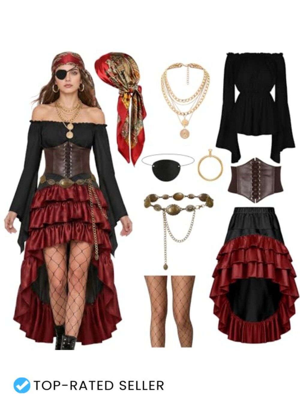 Renaissance Pirate Costume Set Long Sleeve Top Layered Skirt Corset Scarf